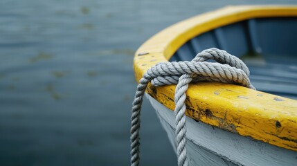 Poster - Close-up shot of a yellow and gray rope securely tied to a boat, with the knot and textures highlighted against a serene water backdrop