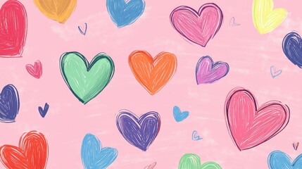 Aufkleber - Colorful heart illustrations on a soft pink background, creating a cheerful, playful vibe, perfect for use in romantic, positive, or vibrant graphic designs