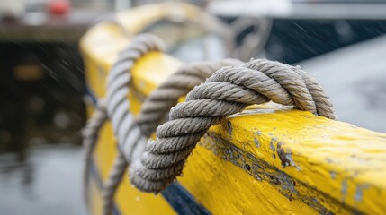 Poster - Detailed shot of a yellow and gray rope securing a boat to the dock, emphasizing the rope texture and durability
