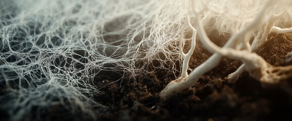 Poster - Close-up of intricate white fibrous roots and networks emerging from soil, symbolizing growth, interconnectedness, and the organic process of nature and life.