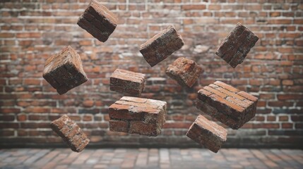 Poster - Floating bricks set against a rustic brick wall background, emphasizing motion and three-dimensionality, perfect for architectural and design visuals
