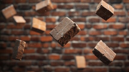 Poster - Floating bricks set against a rustic brick wall background, emphasizing motion and three-dimensionality, perfect for architectural and design visuals