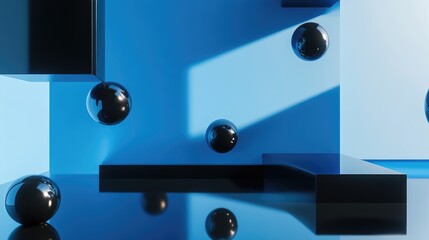 Poster - Floating spheres and abstract geometric shapes in a minimalist blue and black composition, with reflective surfaces and soft shadows enhancing the visual impact