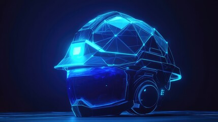 Poster - Futuristic low-poly construction helmet glowing with blue light, representing work safety in a modern, tech-driven environment