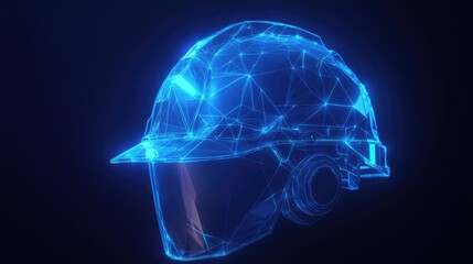 Poster - Futuristic low-poly construction helmet glowing with blue light, representing work safety in a modern, tech-driven environment