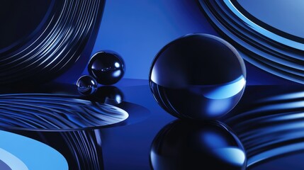 Poster - Geometric shapes and floating spheres in an abstract design, set in a modern blue and black environment, with dynamic reflections and shadows creating intrigue