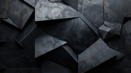 Poster - Geometric stone shapes in black with detailed textures and dramatic lighting effects, offering an abstract, modern aesthetic for design use