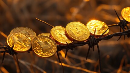 Poster - Golden coins rest on barbed wire, a visual metaphor for the fine line between wealth and the risks inherent in pursuing financial success