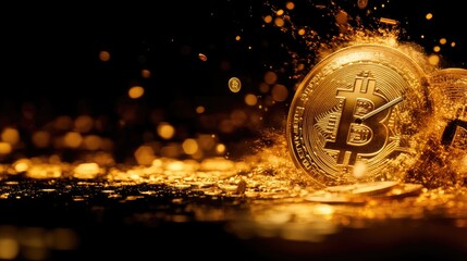 Poster - Golden cryptocurrency coins melting, with clock hands symbolizing time and investment dynamics in the digital currency market, perfect for financial themes