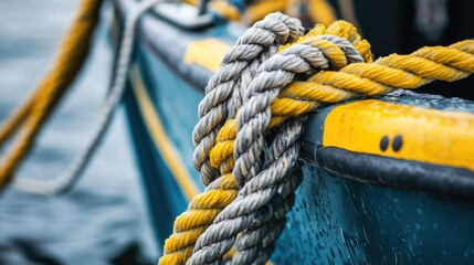 Aufkleber - High-resolution image of a yellow and gray rope tied to a boat, showcasing the tight knot and its use on the water