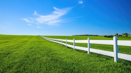 Aufkleber - Idyllic countryside scene of vibrant green grass enclosed by a white fence, with a clear blue sky overhead