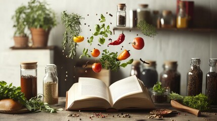 Poster - Innovative cookbook display with various spices and cooking ingredients floating above, suspended mid-air