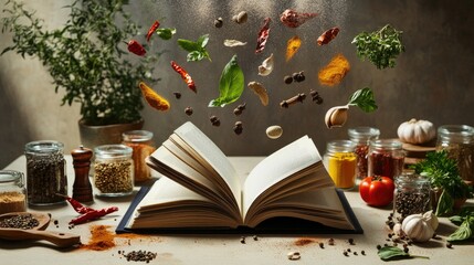 Poster - Innovative cookbook display with various spices and cooking ingredients floating above, suspended mid-air