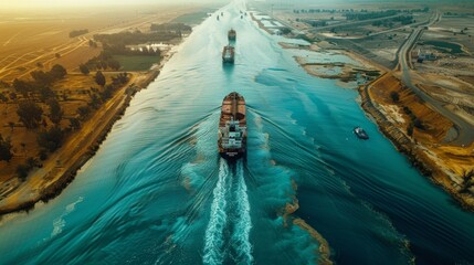 Aufkleber - Cargo ships travel through a vast waterway, leaving wake trails behind them during sunset, with land visible on either side and silhouettes of trees and buildings in the background.