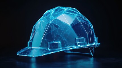 Aufkleber - Low-poly construction helmet with glowing blue lights, set against a dark backdrop, highlighting modern safety in the workplace