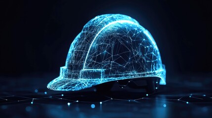 Aufkleber - Low-poly construction helmet with glowing blue lights, set against a dark backdrop, highlighting modern safety in the workplace