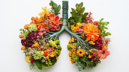 Poster - Lungs made of vibrant plants and flowers in an eco-inspired artwork, symbolizing nature healing and sustainability, placed against a clean, white backdrop