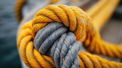 Poster - Macro shot of a yellow and gray rope tied to a boat, with the knot and textures visible in high resolution