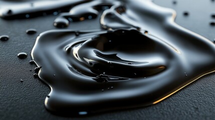 Poster - Macro shot of black liquid spilling and flowing across a dark surface, creating a contrast of smooth and fluid shapes