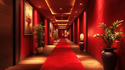 Poster - Modern red corridor with clean lines and dramatic lighting, creating a bold and sophisticated atmosphere
