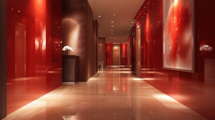 Poster - Modern red corridor with clean lines and dramatic lighting, creating a bold and sophisticated atmosphere