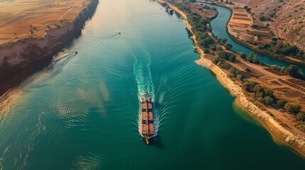 Aufkleber - A cargo ship travels through a winding river surrounded by greenery and fields. The sunlight reflects on the water, creating a serene atmosphere in the early morning.