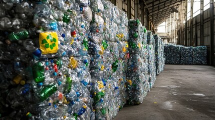 Poster - Piles of crushed plastic bottles in a recycling facility, ready to be sorted and processed for environmental sustainability
