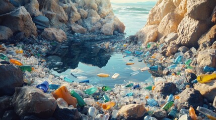 Poster - Piles of plastic waste and bottles trapped in tide pools on a beach, emphasizing the harmful effects of pollution on marine life