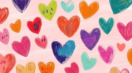 Poster - Playful heart illustrations in bright colors on a soft pink backdrop, perfect for Valentine Day, romantic projects, or cheerful graphic design work