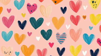 Poster - Playful heart illustrations in bright colors on a soft pink backdrop, perfect for Valentine Day, romantic projects, or cheerful graphic design work