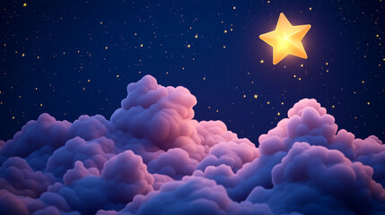 Poster - A digital artwork depicting a bright golden star shining over fluffy purple clouds, symbolizing a dreamy and magical atmosphere with a cosmic touch in the starry sky.