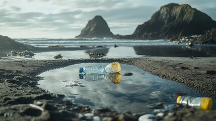 Poster - Scattered plastic water bottles and trash in a tide pool on the beach, drawing attention to the environmental impact of human waste