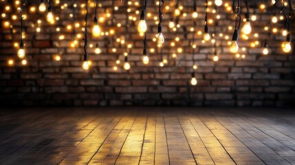 Poster - Softly glowing Christmas lights adorning a loft wall, creating a calm and serene atmosphere for adding text or festive graphics