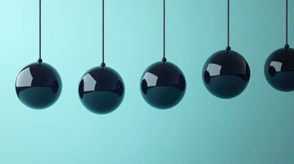 Poster - Suspended black spheres in a tranquil blue background, forming an abstract and contemporary design that adds a modern touch to digital presentations or creative projects