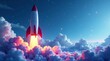© Bh_19 - A vibrant red and white rocket ascends through a breathtaking expanse of colorful clouds, its fiery trail illuminating the twilight sky, embarking on a daring mission into the cosmos.