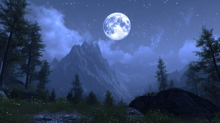 Poster - The moon soft glow bathes the mountain tops in light, creating a peaceful, majestic atmosphere in the quiet of the night