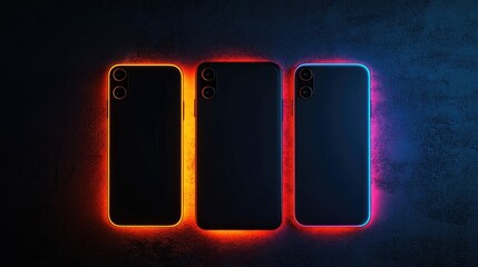 Poster - Three stylish black smartphones with neon accents, placed against a dark wall with a clean, tech-forward aesthetic