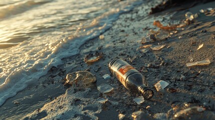 Poster - Trash, including plastic bottles, in a tide pool on a beach, symbolizing the growing concern for ocean pollution