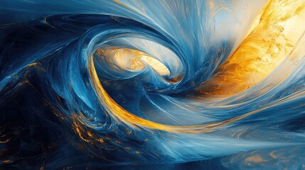 Poster - Vibrant abstract digital landscape with swirling blue and gold elements, creating a dynamic and futuristic design