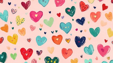 Poster - Vibrant, colorful heart illustrations scattered across a soft pink background, creating a playful and cheerful design, perfect for romantic or fun projects