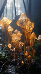 Poster - Golden glowing mushrooms growing in a mystical forest with soft light streaming through the trees, showcasing the beauty of nature and the magic of organic life.