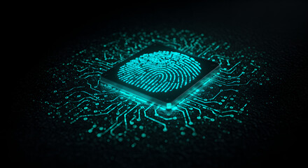 Poster - Digital fingerprint scan on microchip with glowing turquoise circuit pattern. Modern biometric security technology concept. Cyber identification system with copy space