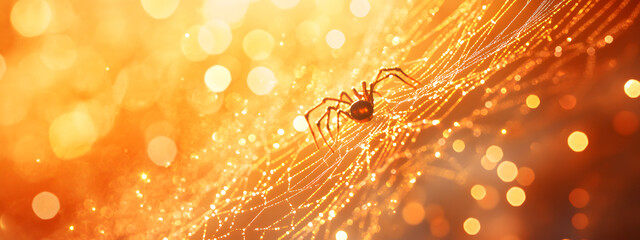 A spider weaving its web in the center of an orange and yellow background
