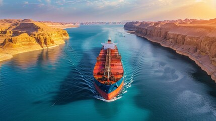 Aufkleber - A massive cargo ship traverses a serene waterway, reflecting the golden light of the sunset while flanked by striking rock formations on either side.