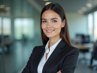 Wall Mural - Smart working woman with a business suit is standing and posting in front of a blur office environment background. 118