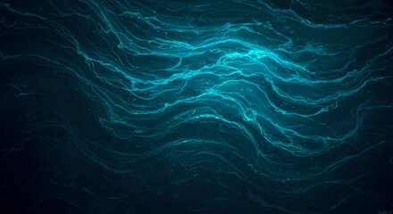 Poster - Glowing blue waves pattern in dark background. Abstract digital energy flow. Modern tech background with light effect. Futuristic design for banner, wallpaper with copy space