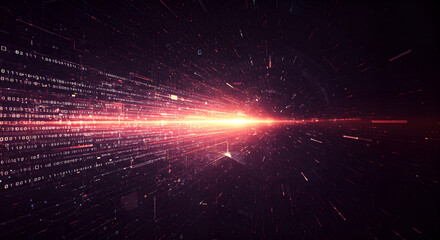 Poster - Digital data stream with glowing red light burst effect. Abstract technology background with binary code lines. Network security and big data visualization with copy space