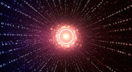 Poster - Digital tunnel with binary code and glowing red center. Abstract technology background with streaming numbers. Futuristic cyber data visualization for tech presentations with copy space