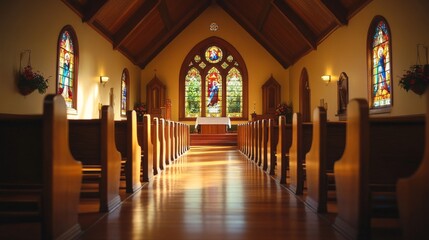 Poster - Inside the serene church, sunlight streams through vibrant stained glass, illuminating the wooden interior. The peaceful atmosphere invites quiet reflection among the neatly arranged pews