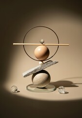 Poster - Minimalist stone arrangement balancing geometric spheres and angular forms, achieving delicate equilibrium under soft lighting against neutral backdrop